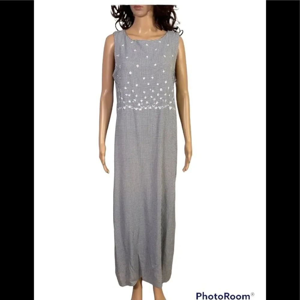 Emma & James Black White Crepe Gingham Flowers Sleeveless Maxi Dress 14
